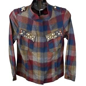 Cabi Plaid Pearl Embellished Shirt Jacket Womens Medium Multi Color Cotton 3555